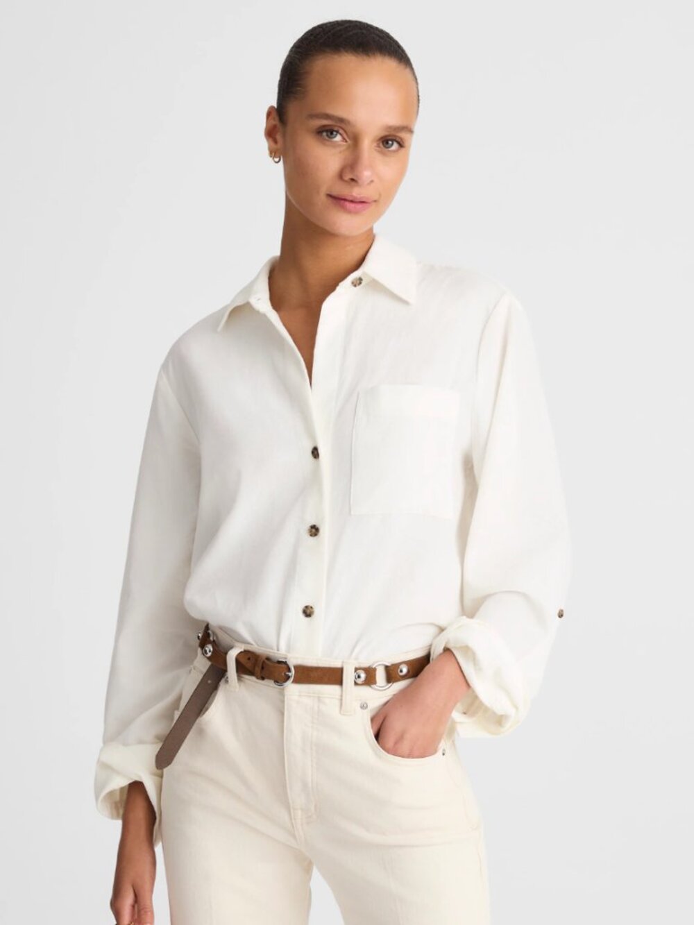 NWT Madewell S Easy Y-Neck Button-Up Shirt in Corduroy in Winter White